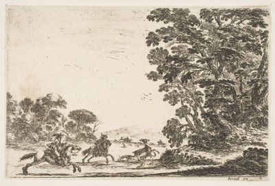 Placa 4: una cacería de ciervos, dos jinetes galopando hacia la izquierda detrás de tres perros y un ciervo, 1642 de Stefano della Bella