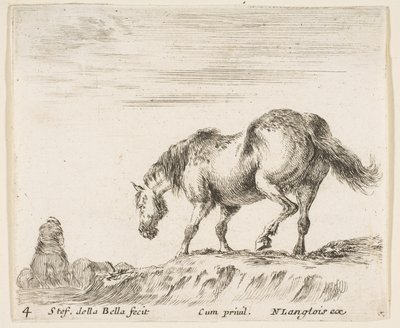 Placa 4: un caballo de perfil mirando a la izquierda, a punto de descender de un montículo, un caballo..., ca. 1644-47 de Stefano della Bella