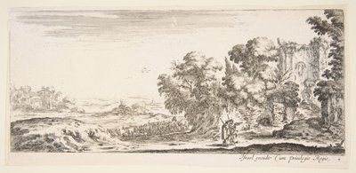 Placa 4: dos peregrinos observando ruinas a la derecha, uno señalando hacia la derecha, un pastor..., ca. 1641 de Stefano della Bella
