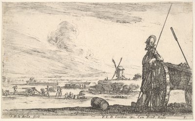 Placa 5: Un piquero de pie a la derecha junto a un cañón, otras figuras militares en el fondo..., ca. 1641 de Stefano della Bella