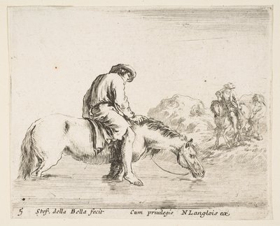 Placa 5: un campesino descalzo a caballo cruzando un río, otro campesino a caballo..., ca. 1644-47 de Stefano della Bella