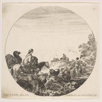 Placa 5: una mujer llevando a un niño en un caballo a la izquierda, un camello siguiéndola, un rebaño de..., ca. 1646 de Stefano della Bella