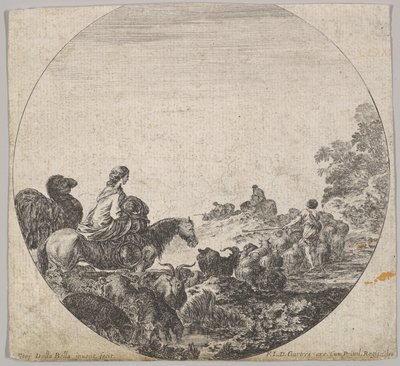 Placa 5: una mujer llevando a un niño en un caballo a la izquierda, un camello siguiéndola, un rebaño..., ca. 1643-48 de Stefano della Bella