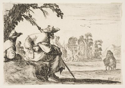 Placa 5: dos peregrinos con sombreros descansan a la izquierda, vistos desde atrás, un jinete cabalga hacia, 1642 de Stefano della Bella