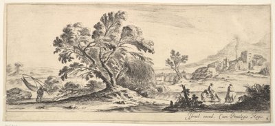 Placa 6: un pescador llevando una red a la izquierda, dos jinetes en un arroyo a la derecha, un árbol, ca. 1641 de Stefano della Bella