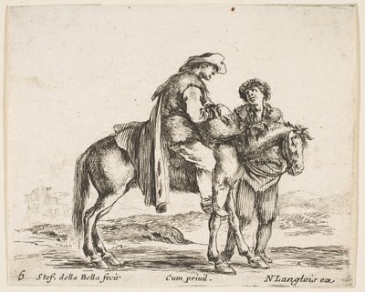 Placa 6: un campesino a caballo de perfil mirando a la derecha, sosteniendo una cesta y t..., ca. 1644-47 de Stefano della Bella