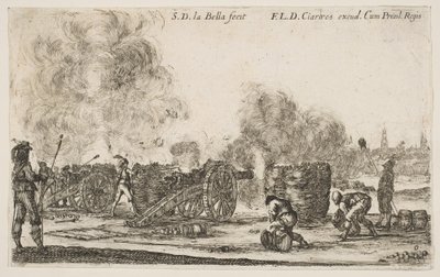 Placa 6: batería de cañones disparando a una ciudad, de Varios Caprichos Militares Varii ..., ca. 1641 de Stefano della Bella