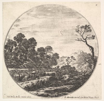 Placa 6: vacas cruzando un valle a la izquierda, un grupo de árboles a la izquierda, un jinete y otros, ca. 1643-48 de Stefano della Bella