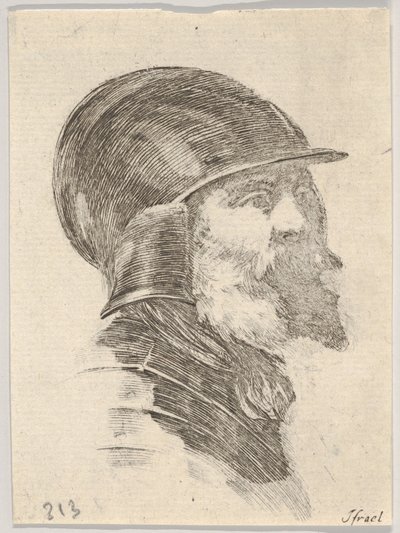 Placa 6: cabeza de un viejo soldado barbudo con casco mirando a la derecha, de Varias cabezas, 1650 de Stefano della Bella