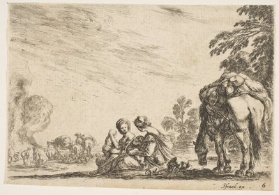 Placa 6: dos mujeres, una amamantando a un niño, sentadas junto a un perro y un caballo con una carga..., 1642 de Stefano della Bella