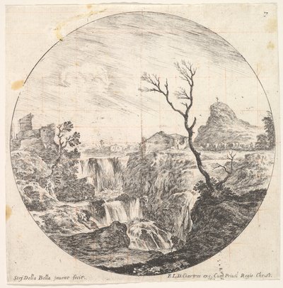 Placa 7: una triple cascada, un árbol muerto a la derecha, una montaña y un rebaño de vacas, ca. 1643-48 de Stefano della Bella
