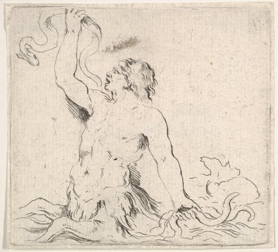 Placa 7: un tritón en el agua, mirando a la izquierda, sosteniendo una anguila en su mano derecha, ca. 1646 de Stefano della Bella