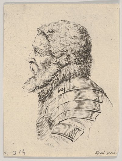 Placa 7: busto de un soldado barbudo con armadura, mirando a la izquierda en perfil, de Varios... de Stefano della Bella