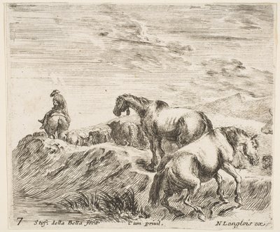 Placa 7: dos caballos ascendiendo la orilla de un río a la derecha, siguiendo una procesión de Stefano della Bella