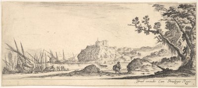 Placa 7: varios barcos en la orilla a la izquierda, un hombre cargando una bolsa, visto desde atrás, ca. 1641 de Stefano della Bella