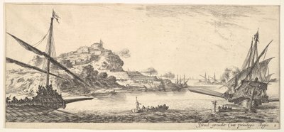 Placa 8: La proa de una galera a la izquierda y otra galera a la derecha, vista desde atrás, ca. 1641 de Stefano della Bella