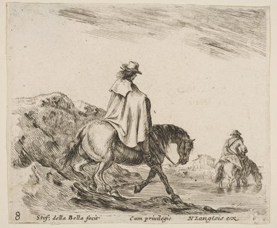 Placa 8: un jinete desciende una ribera, otro jinete en el río a la derecha, de ..., ca. 1644-47 de Stefano della Bella