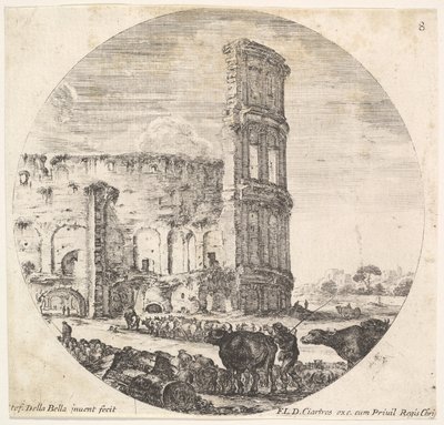 Placa 8: el Coliseo, dos rebaños siendo dirigidos hacia el anfiteatro en el fondo, ca. 1643-48 de Stefano della Bella