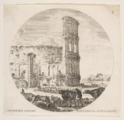 Placa 8: el Coliseo, dos rebaños siendo dirigidos hacia el anfiteatro en el primer plano, ca. 1646 de Stefano della Bella