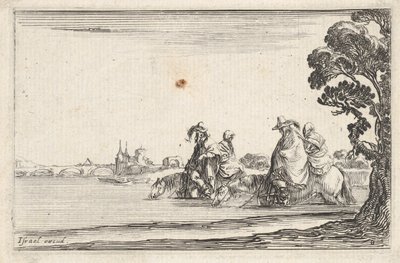 Placa 8: dos jinetes con sombreros a la derecha, cada uno con una mujer sentada detrás de ellos, montando, ca. 1642 de Stefano della Bella