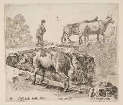 Placa 9: una vaca subiendo un banco, una campesina guiando dos vacas a través de un puente de Stefano della Bella