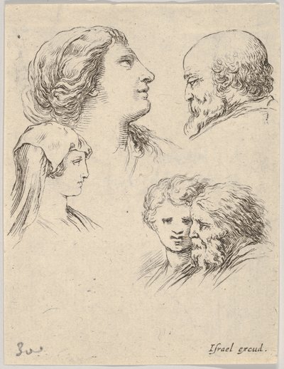 Placa 9: cinco cabezas, dos mujeres jóvenes a la izquierda, un hombre con barba en la parte superior derecha, una joven, ca. 1649 de Stefano della Bella