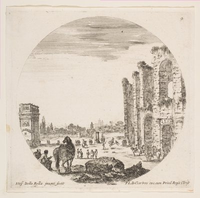Placa 9: el Arco de Constantino a la izquierda, parte del Coliseo a la derecha, varios caballos... de Stefano della Bella