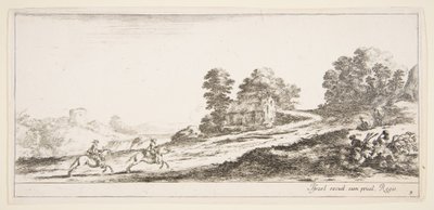 Placa 9: dos jinetes a la izquierda galopando cuesta arriba hacia la derecha, un caballo y un hombre sentado, ca. 1641 de Stefano della Bella