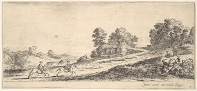 Dos jinetes galopando cuesta arriba hacia la derecha, un caballo y un hombre sentado de Stefano della Bella
