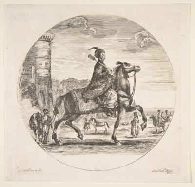 Jinete polaco de perfil mirando a la derecha, una torre y otras figuras a caballo en el fondo de Stefano della Bella