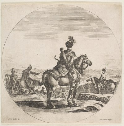 Jinete polaco con arco y flecha, visto desde atrás con su caballo mirando a la derecha de Stefano della Bella