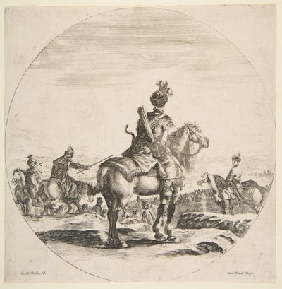 Jinete polaco con arco y flecha, visto desde atrás con su caballo mirando a la derecha... de Stefano della Bella