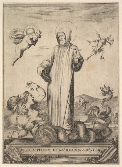 San Juan Gualberto pisoteando un monstruo con dos cabezas humanas y un cuerpo serpentino, un vuelo, 1640 de Stefano della Bella
