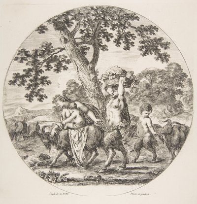 Familia de sátiros caminando hacia la izquierda con dos cabras y una cesta de uvas de Stefano della Bella