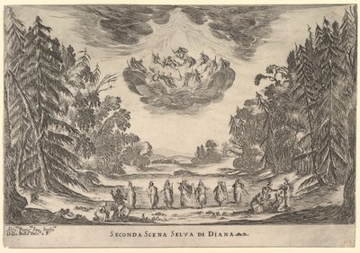 Segunda escena, en el bosque de Diana, de El matrimonio de los dioses Le nozze degli Dei, 1637 de Stefano della Bella