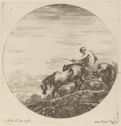 Pastor a caballo conduciendo un rebaño de varios animales de Stefano della Bella
