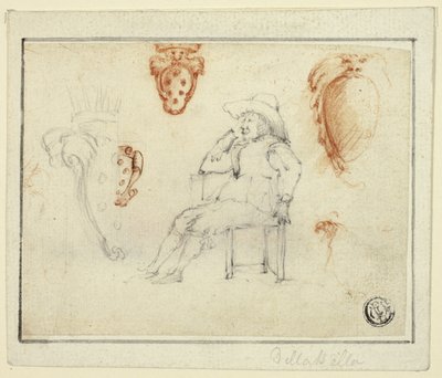 Bocetos de hombre sentado, escudos de armas de los Médicis de Stefano della Bella