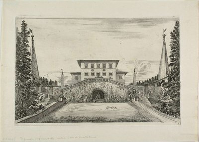 Fachada sur de la villa y el gran prado, de Vistas de la Villa Pratolino de Stefano della Bella