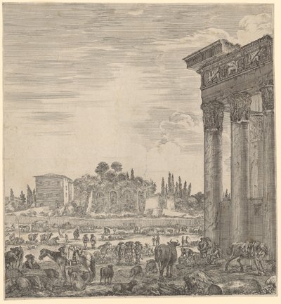 Templo de Antonino Pío y Faustina y el Campo Vaccino de Stefano della Bella