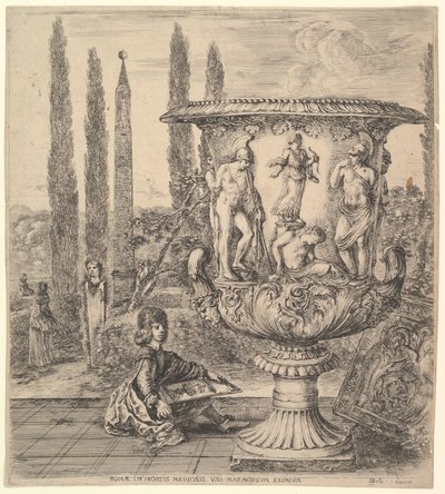 El jarrón Medici, un gran jarrón a la derecha decorado con una representación del sacrificio de... de Stefano della Bella