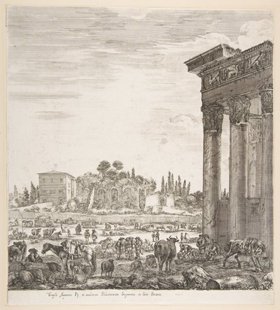 Las columnas del Templo de Antonino a la derecha, una parte del Campo Vaccino en el centro, 1656 de Stefano della Bella