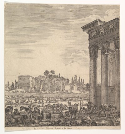 Las columnas del Templo de Antonino a la derecha, una parte del Campo Vaccino en el centro y..., 1656 de Stefano della Bella