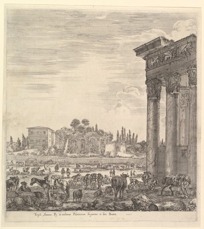 Las columnas del Templo de Antonino a la derecha, una parte del Campo Vaccino en el centro, 1656 de Stefano della Bella