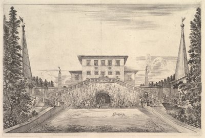 La villa en el centro flanqueada por cuatro obeliscos de Stefano della Bella