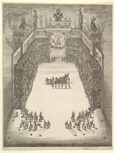 Teatro en Módena, visto desde arriba y lleno de espectadores, con un carro triunfal en el centro, 1652 de Stefano della Bella