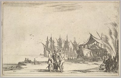 Tres hombres con sombreros de pie en el centro, hombres reparando un barco a la derecha, cinco barcos y varios, 1639 de Stefano della Bella