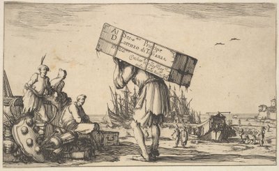 Página de título: un hombre cargando un estuche en su espalda en el centro, tres hombres mirándolo... de Stefano della Bella