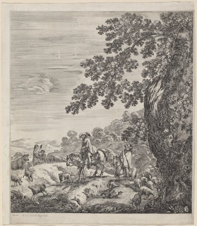 Dos jinetes pasando cerca de un rebaño de animales, 1656 de Stefano della Bella