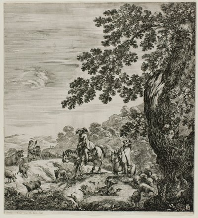 Dos jinetes pasando un rebaño, lámina cinco de Las seis grandes vistas de Roma y la Campagna de Stefano della Bella