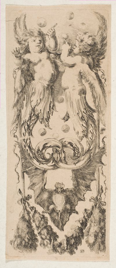 Dos niños alados con cuerpos convirtiéndose en ornamento soplando burbujas, ca. 1653 de Stefano della Bella